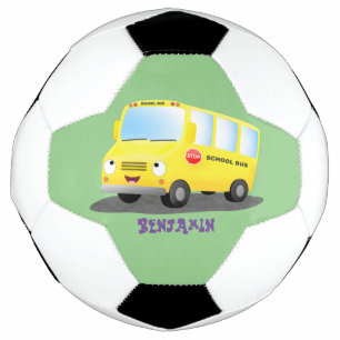 Cute happy yellow school bus cartoon soccer ball