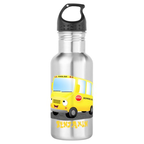 Cute happy yellow school bus cartoon stainless steel water bottle