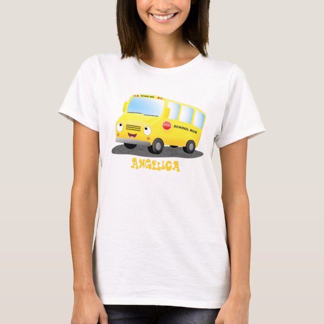 Cute happy yellow school bus cartoon T-Shirt (Front)
