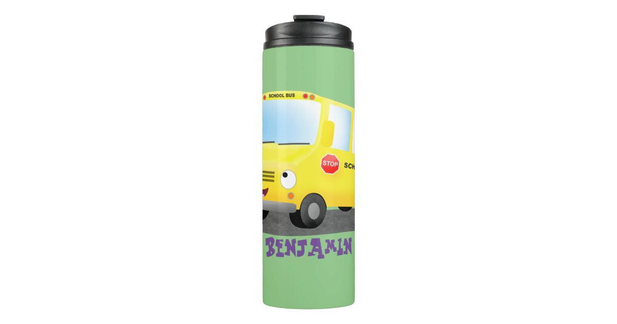 Cute happy yellow school bus cartoon stainless steel water bottle