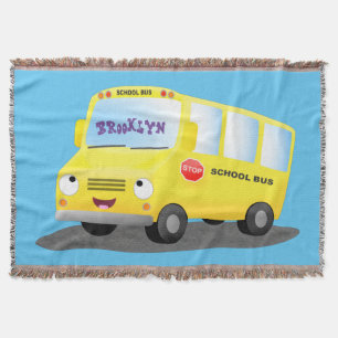 Cute happy yellow school bus cartoon throw blanket