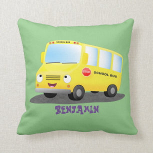 Cute happy yellow school bus cartoon  throw pillow