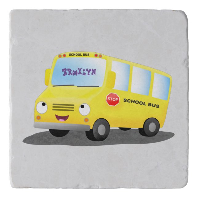 Cute happy yellow school bus cartoon trivet (Front)