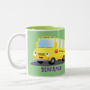 Cute happy yellow school bus cartoon Two-Tone coffee mug