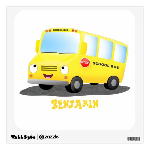 Cute happy yellow school bus cartoon wall decal