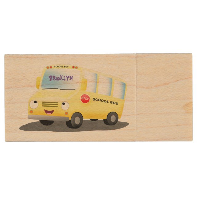 Cute happy yellow school bus cartoon wood flash drive (Front)