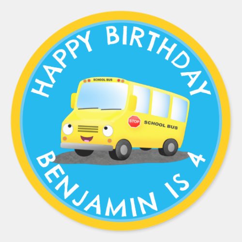 Cute happy yellow school bus personalised birthday classic round sticker