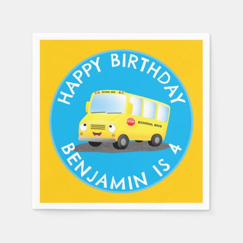 Cute happy yellow school bus personalised birthday napkins