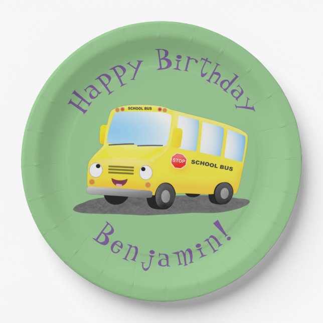 Cute happy yellow school bus personalised birthday paper plates (Front)