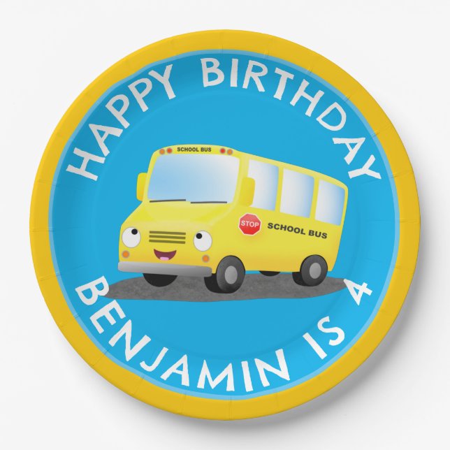Cute happy yellow school bus personalized birthday paper plates (Front)