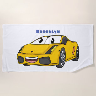 Cute happy yellow sports car cartoon beach towel