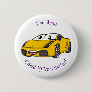 Cute happy yellow sports car cartoon button