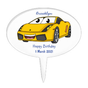 Cute happy yellow sports car cartoon cake topper