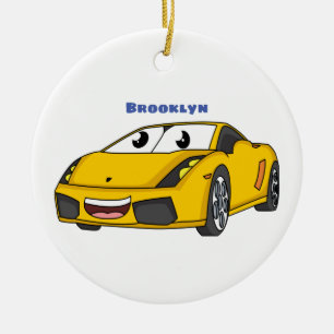 Cute happy yellow sports car cartoon ceramic ornament
