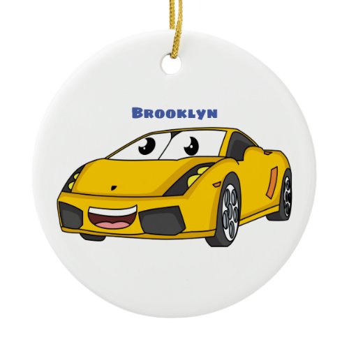 Cute happy yellow sports car cartoon ceramic ornament