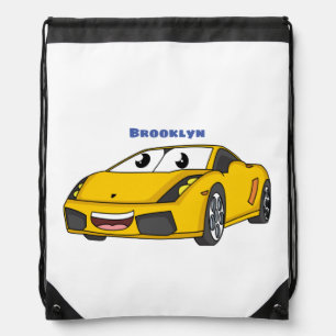 Cute happy yellow sports car cartoon drawstring bag