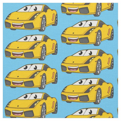 Cute happy yellow sports car cartoon fabric