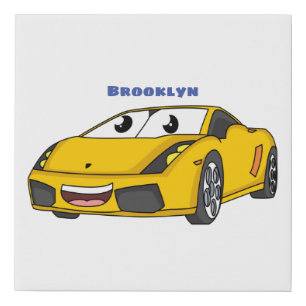 Cute happy yellow sports car cartoon  faux canvas print