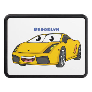 Cute happy yellow sports car cartoon hitch cover
