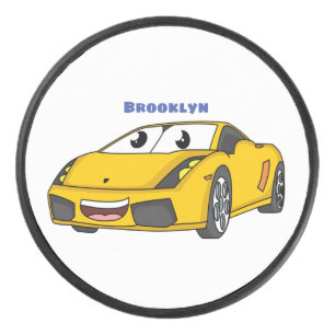 Cute happy yellow sports car cartoon  hockey puck