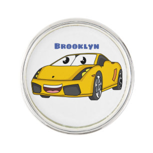 Cute happy yellow sports car cartoon lapel pin