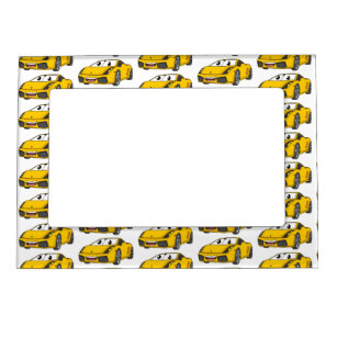 Cute happy yellow sports car cartoon magnetic frame