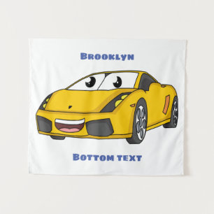 Cute happy yellow sports car cartoon tapestry