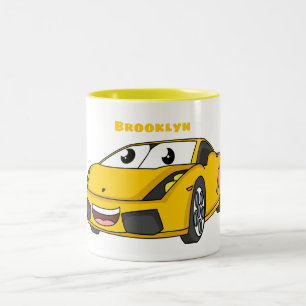 Cute happy yellow sports car cartoon Two-Tone coffee mug