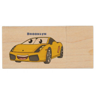 Cute happy yellow sports car cartoon wood flash drive