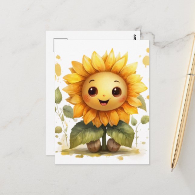 Cute & Happy Yellow Sunflower Postcard (Front/Back In Situ)