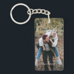 Cute Happy You And Me In Love Classy Elegant Quote Keychain<br><div class="desc">Cute romantic Love and Forever text written in a stylish elegant typography font. With option to personalize or customize with two photos and (limited) text of your choice. Unique keepsake,  birthday,  anniversary,  Valentine's Day gift,  or Christmas stocking stuffer. Easily customizable with a photograph of your choice.</div>