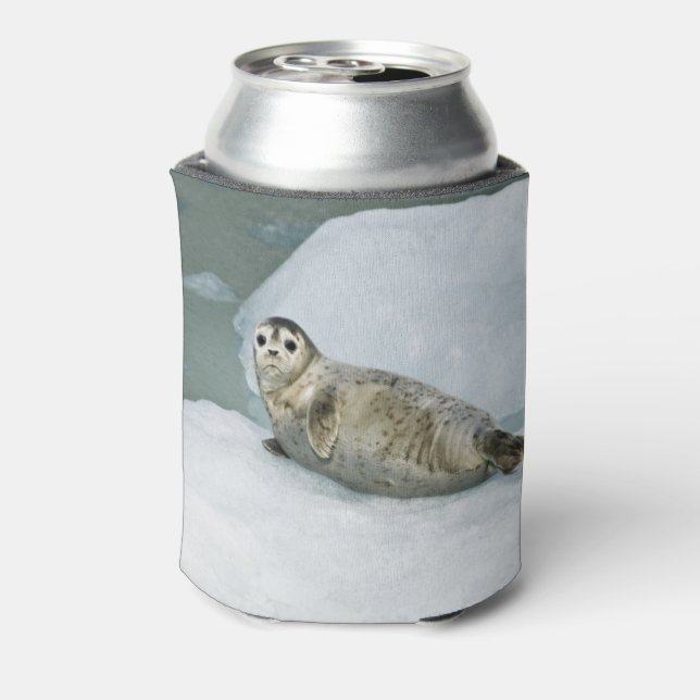 Cute Harbor Seal on Snow Can Cooler (Can Back)