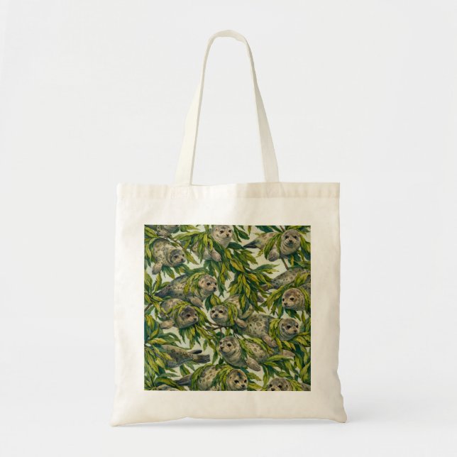 Cute Harbor Seals and Seaweed Pattern Tote Bag (Front)