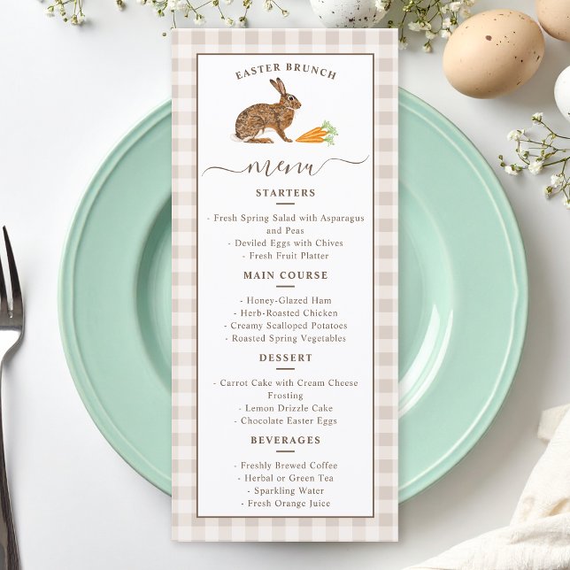 Cute Hare And Carrots Beige Gingham Easter Brunch Menu (Creator Uploaded)