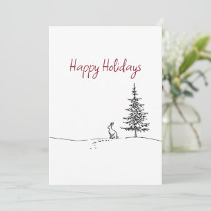 Cute Hare and Tree Line Art Festive Christmas  Holiday Card
