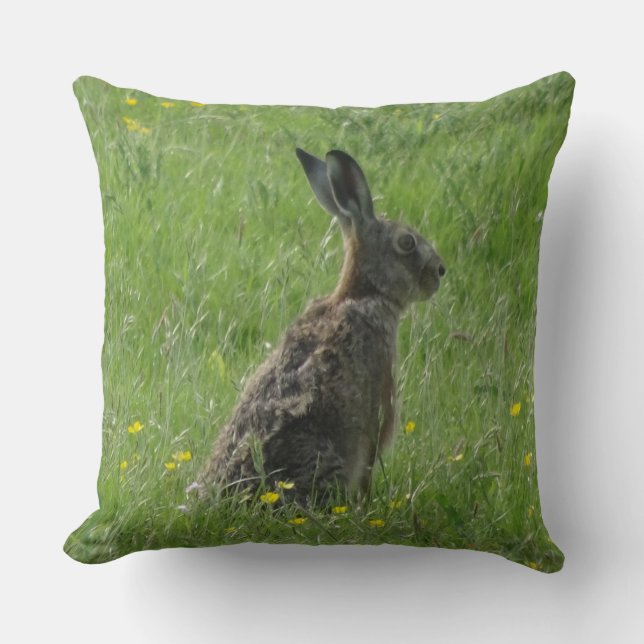 Cute Hare in Grass Throw Pillow (Front)