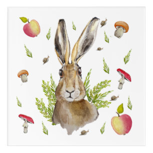 Cute hare with a background of apples and mushroom acrylic print