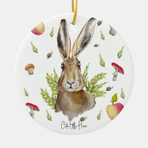 Cute hare with a background of apples and mushroom ceramic ornament