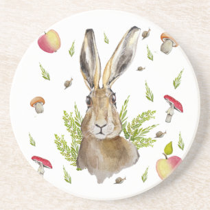 Cute hare with a background of apples and mushroom coaster