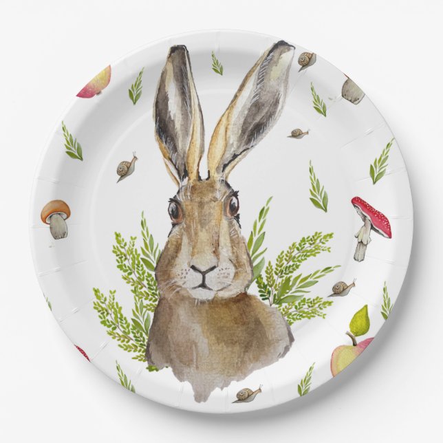 Cute hare with a background of apples and mushroom paper plates (Front)