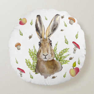 Cute hare with a background of apples and mushroom round pillow
