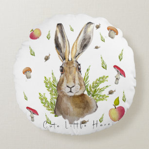 Cute hare with a background of apples and mushroom round pillow