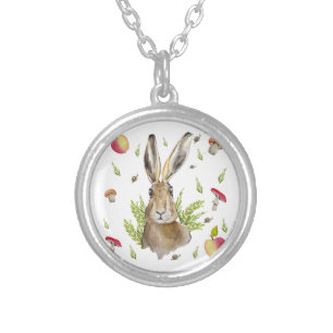 Cute hare with a background of apples and mushroom silver plated necklace