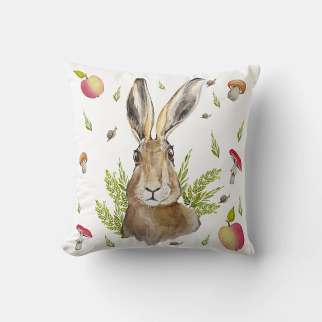 Cute hare with a background of apples and mushroom throw pillow (Front)