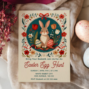 Cute Hare with Eggs Floral Easter Egg Hunt Invitation