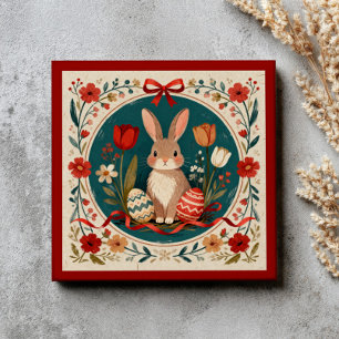 Cute Hare with Eggs& Flowers Botanical Easter  Ceramic Tile
