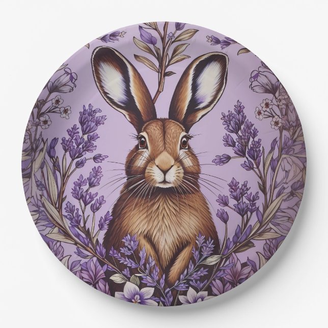 Cute Hare With Lavender William Morris Inspired  Paper Plates (Front)
