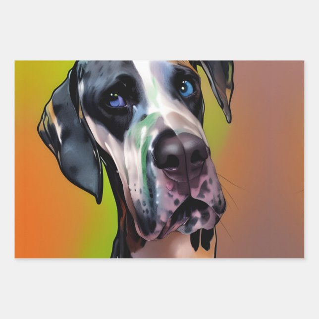  Cute Harlequin Great Dane Wrapping Paper Sheets (Front)