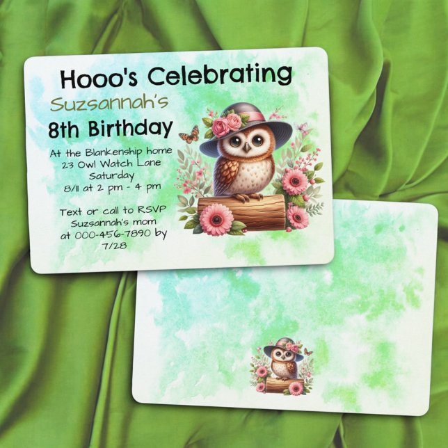 Cute Hat Wearing Owl Sitting On a Log Invitation (front and back ol template birthday invitation)