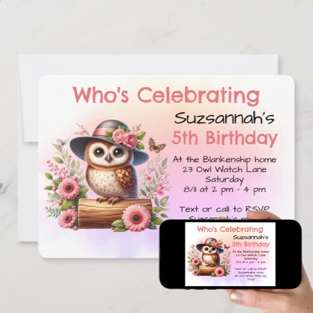 Cute Hat Wearing Owl Sitting On a Log Invitation (print and instant download birthday template invitation)